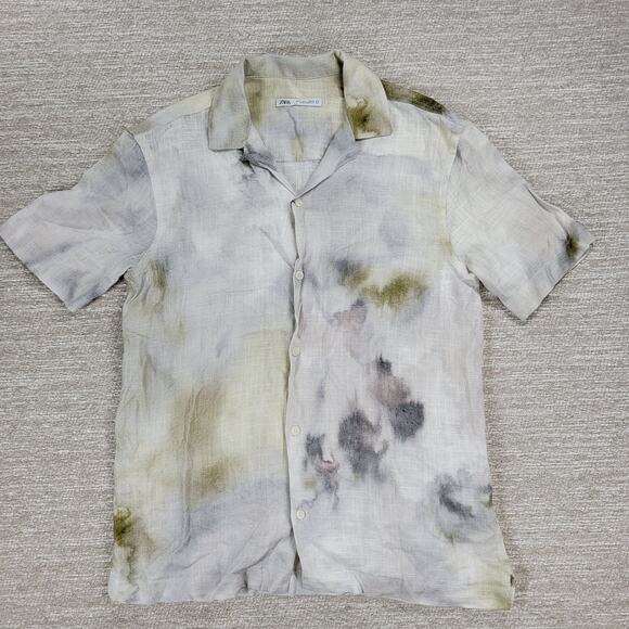 Zara Tie Dye Shirt Mens Small Linen Blend Button Viscose Summer Watercolor New - Picture 13 of 14